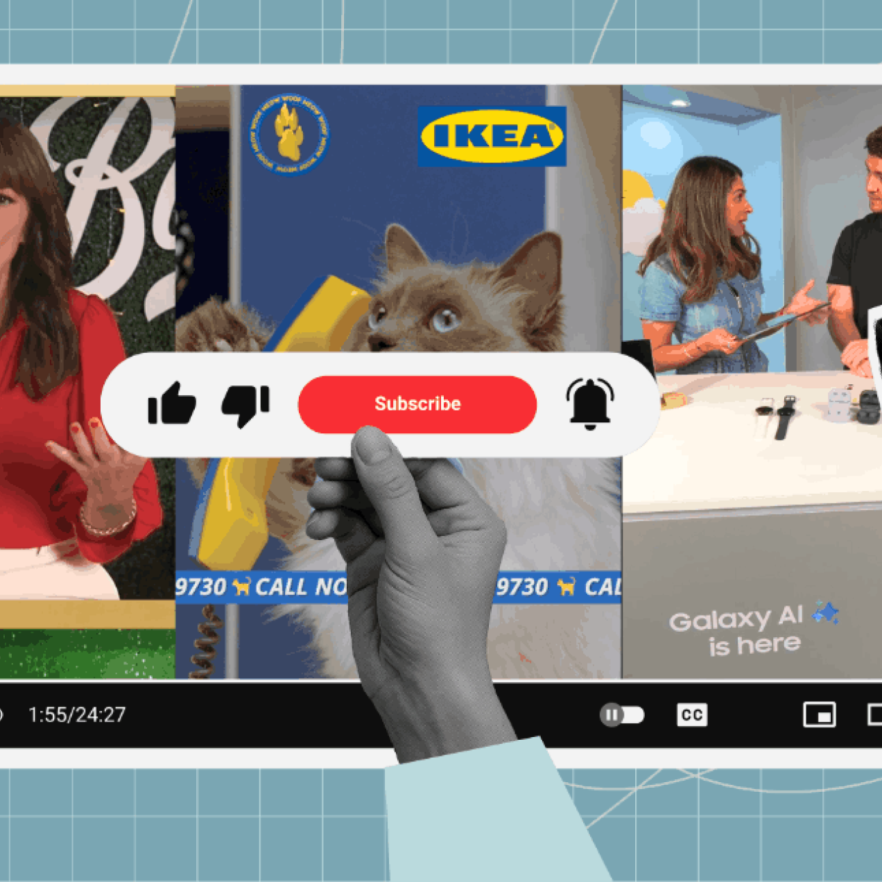 A colleague made up of two hands on the left and right corners holding megaphones over a YouTube screening showing three images od Dvaina McCall, Ikea and a Galaxy Ai ad